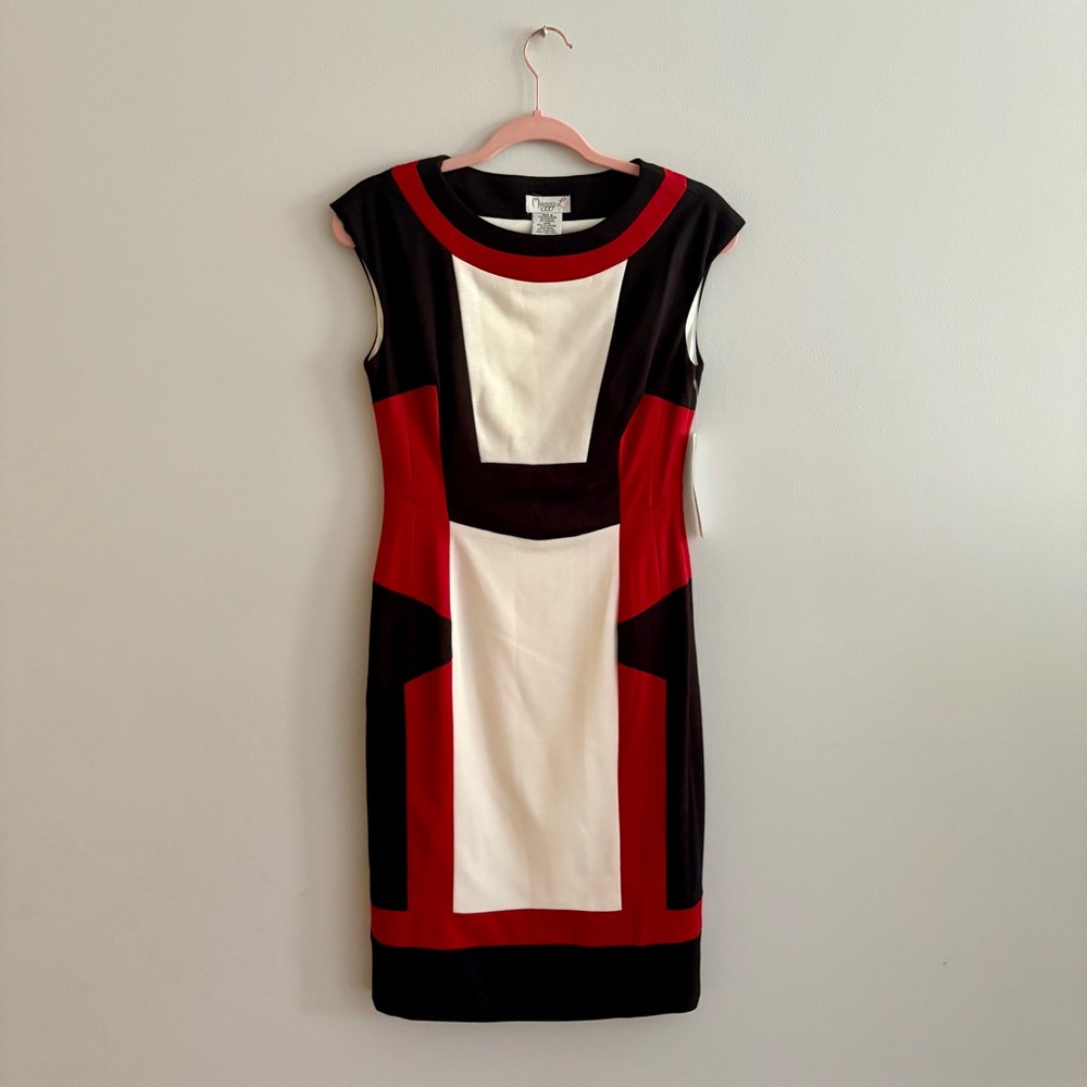 Colorblock Sheath Dress in Red, Black, and White